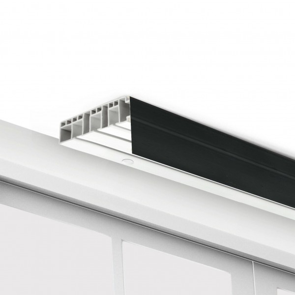Vorhangschiene SH Set 3-läufig weiß, Gardinenschiene, vorgebohrt, m. Blende schwarz 5cm, Komplettes Zubehör und Röllchen