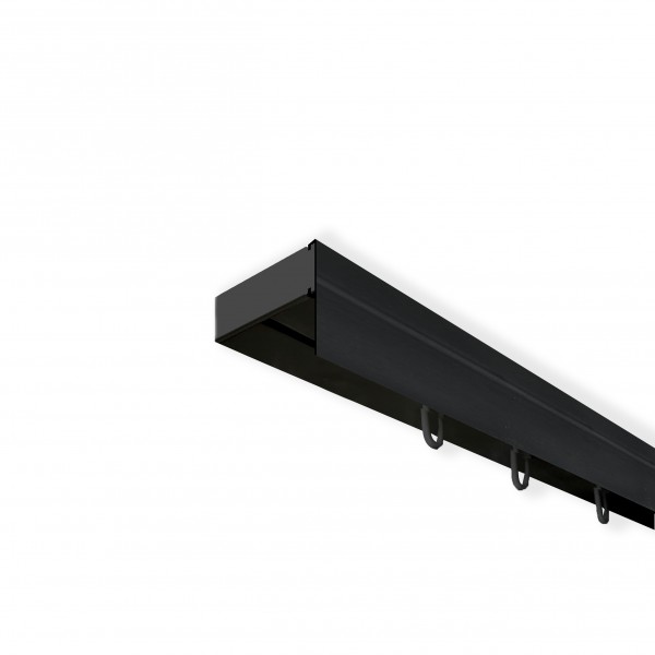 Vorhangschiene SH Set 1-läufig schwarz, Gardinenschiene, vorgebohrt m. Blende schwarz 7.5cm, Komplettes Zubehör und Röllchen