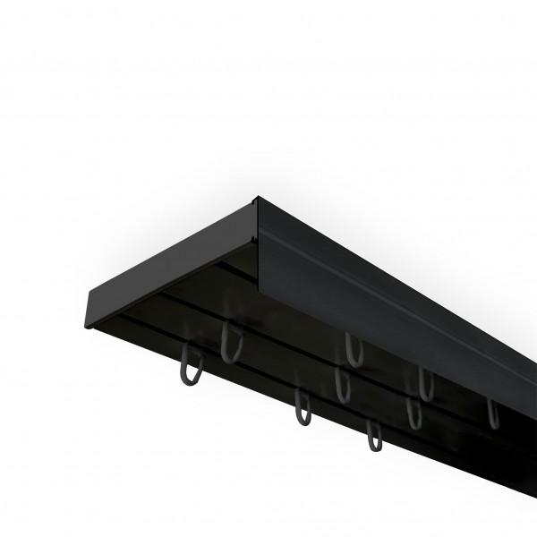 Vorhangschiene SH Set 3-läufig schwarz, Gardinenschiene, vorgebohrt m. Blende schwarz 7.5cm, Komplettes Zubehör und Röllchen