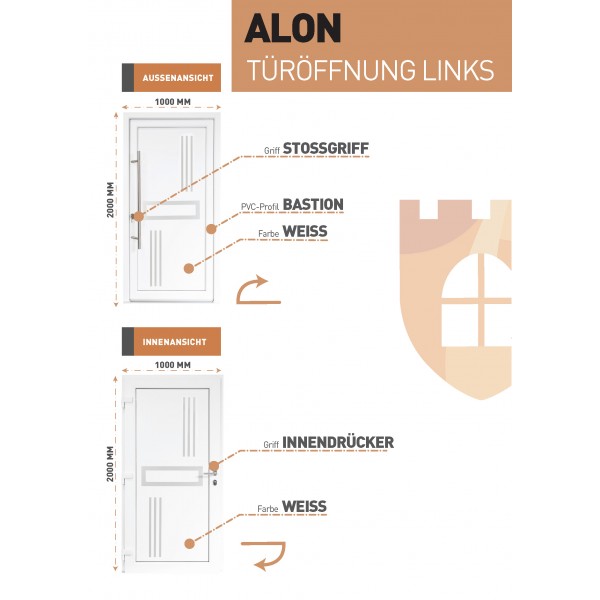 Bastion Alon Kunststoff-Haustür mit Stoßgriffgarnitur, 1000x2000 mm (Weiss - TÜRÖFFNUNG LINKS)