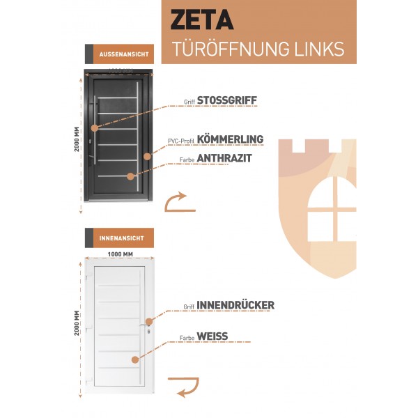 Bastion Premiumtür Kunststoff Zeta mit Stoßgriff-Set Kömmerling Automatikschloss mit Schwenkhaken RC2 1000x2000 mm (Anthrazitgrau | Weiss - TÜRÖFFNUNG LINKS)